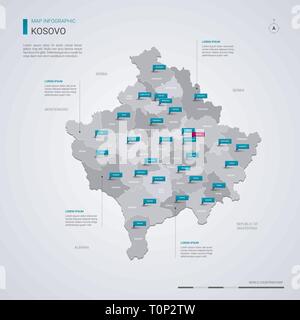Il Kosovo mappa vettoriale con elementi infografico, segni di puntatore. Modello modificabile con regioni, città e capitale Pristina. Illustrazione Vettoriale