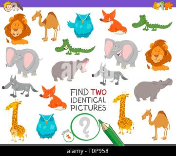 Illustrazione del fumetto di trovare due immagini identiche gioco educativo per bambini con animali selvatici caratteri Illustrazione Vettoriale