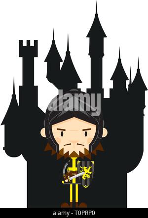 Cartoon carino cavaliere medievale e il castello di Silhouette Illustrazione Vettoriale
