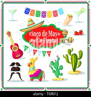 Cinco de Mayo Holliday vettore messicano. Mexicana party icona. La Siesta cartoon illustrazione. Carnevale di stile del Messico elemento di design. Cinco de Mayo parade wi Illustrazione Vettoriale