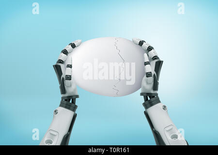 3D rendering di robotico mani tenendo un bianco d'uovo rotto su fondo azzurro Foto Stock