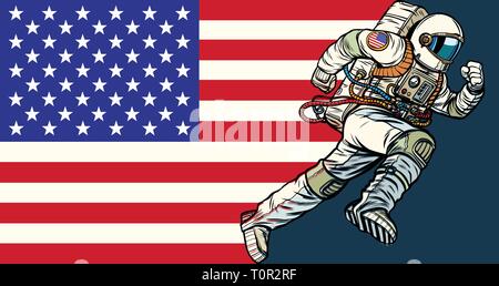 Astronauta americano patriot corre in avanti. Bandiera degli Stati Uniti. La Pop art retrò illustrazione vettoriale kitsch vintage Illustrazione Vettoriale