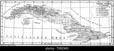 Guerra cubana di indipendenza 1895 - 1898, Mappa, Geographische Anstalt Wagner und Debes, Lipsia, circa 1897, cubana guerre di indipendenza, guerre, area di combattimento, area controllata dagli Spagnoli, area controllata dai ribelli, insurrezione, insurrezione, ribellione, insorgenze, rivolte, ribellioni in rivolta, isola, isole Isole dei Caraibi, West Indies, Antille Maggiori, cartografia, la stampa della mappa, la Spagna, la colonia spagnola, guerra coloniale, secolo XIX, guerra di indipendenza, le guerre di indipendenza, storico, storico Additional-Rights-Clearance-Info-Not-Available Foto Stock