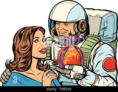 Matura in amore. Astronauta dà una donna Marte. isolare su sfondo bianco. La Pop art retrò illustrazione vettoriale disegno kitsch vintage Illustrazione Vettoriale