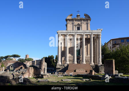 Tempio di Antonino e Faustina 141annuncio, in seguito convertita in chiesa di San Lornza in Miranda, sulla Via Sacra Strada Romana nel Foro Romano Roma Italia Foto Stock