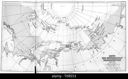 Spedizione, Polar Expedition, Fram expedition 1893 - 1896, la mappa con il percorso segnalato da: Fridtjof Nansen, 'In Nacht und Eis', volume I, Lipsia, 1897, secolo XIX, expedition report, report, report di viaggio, viaggi, ricerca, scoperta, scoperte, cartografia, mappa, mappe, polo nord, mare polare, nord mare polare, Oceano Artico, corso, linea, corsi, linee, percorso, percorsi, modo, modi, itinerario, itinerari, Polar Expedition, spedizioni polari, volume, volumi, storico, storico Artico, polo nord, nord mare polare, Oceano Artico, Polo Nord terri, Additional-Rights-Clearance-Info-Not-Available Foto Stock