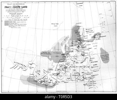 Spedizione, Polar Expedition, Fram expedition 1893 - 1896, mappa di Franz Josef Land con percorso segnalato di Fridtjof Nansen, da: Fridtjof Nansen, 'In Nacht und Eis', volume II, Lipsia, 1897, secolo XIX, expedition report, report, report di viaggio, viaggi, ricerca, scoperta, scoperte, artico, Fram, nord mare polare, regione artica, Polo Nord territorio, cartografia, mappa, mappe, Polo Nord, Oceano Artico, mare polare, corso, linea, percorso, corsi, linee, percorsi, modo, modi, itinerario, itinerari, Polar Expedition, spedizioni polari, storico histo, Additional-Rights-Clearance-Info-Not-Available Foto Stock