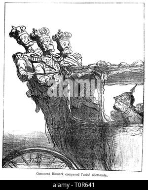 Politica, fondazione dell'impero tedesco, caricatura, 'Quali mezzi di Bismarck dall unità della Germania", il re di Baviera, Bassa Sassonia e Württemberg di sedersi sul retro Coachman's sedile, disegno di Honore Daumier, 'Actualites", Parigi, 26.12.1870, Additional-Rights-Clearance-Info-Not-Available Foto Stock