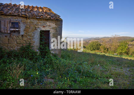 Vista sulle colline intorno al borgo di Lamole, Toscana, con un vecchio fienile in primo piano Foto Stock