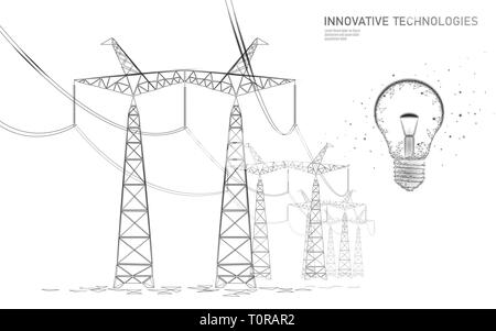 Bassa poli ad alta tensione della linea di alimentazione della lampadina idea. Settore della fornitura di energia elettrica tralicci contorni grigio sul bianco. Innovazione della tecnologia elettrica soluzione Illustrazione Vettoriale