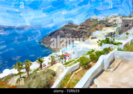Acquerello illustrazione dell'isola greca di Santorini Fira Town e caldera sea scape. Foto Stock