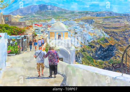 Acquerello illustrazione dell'isola greca di Santorini Fira Town. La gente a piedi attraverso il paesaggio della citta'. Foto Stock