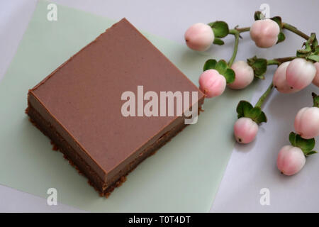 Pezzo di cremoso e gustoso cioccolato artigianale brownie cake, laici piatta Foto Stock