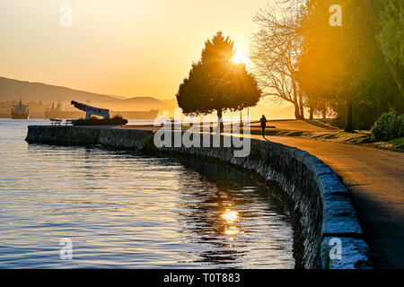 Pareggiatore di Sunrise, seawall, Stanley Park, British Columbia, Canada. Foto Stock