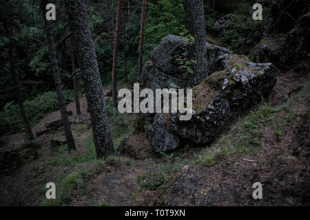 Grandi pietre nel bosco in attesa di tempesta Foto Stock