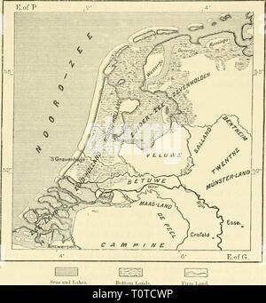 La terra e i suoi abitanti della terra e dei suoi abitanti .. earthitsinhabita386recl Anno: 1883 HYDEOGEAPHY. 461 coperti in molte località di gran lunga al di sotto del livello del mare. Off Domburg, un villaggio su Walcheren, le onde coprono ora un tempio romano, donde M. de Laveleye conclude che la terra si è placata in misura di circa 30 piedi. Un altro rovina giace off Katwyk, circa un migliaio di metri dalla riva. Antiquari hanno identificato con la torre che Caligola sollevata in memoria della sua fingeva di vittoria sui cittadini britannici e quindi chiamato Arx Britannica, o Jluis te Britten. In Fig. 25 Foto Stock