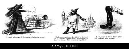 Politica, Kulturkampf, Gesuiti legge 1872, caricatura, i gesuiti stanno minacciando di scomunica, Bismarck sta minacciando con il funerale di pelo e di boot, 'da salto - politico revue del mese febbraio", dettaglio disegno da Camillo Marietti, "Lo Spirito foletto',', Milano, 20.3.1873, satira, fumetti, cartoni animati, stampa italiana, Italia, Cancelliere dell'impero tedesco, Reichskanzler, Otto von Bismarck, Impero tedesco, la Germania, la Chiesa cattolica, di religione, di religioni, di cultura, di culture, di lotta, lotte, litigano, polemiche, controversia, controversie, conflitto Additional-Rights-Clearance-Info-Not-Available Foto Stock