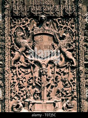 FACHADA -DET ESCUDO - 1488/1496 - ANTIGUO COLEGIO DE SAN GREGORIO - ARQUITECTURA RENACENTISTA. Autore: GIL DE SILOE. Posizione: MUSEO NACIONAL DE ESCULTURA-EDIFICIO. Spagna. Foto Stock