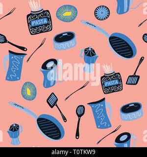 Colorati disegnati a mano di tutti gli utensili da cucina e posate seamless pattern per coperture di menu e carta da imballaggio Illustrazione Vettoriale
