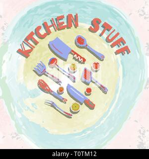 Colorato di tutti gli utensili da cucina e posate set per disegno Illustrazione Vettoriale
