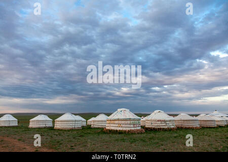 Un ger (yurt) camp su Gegentala praterie a nord di Hohhot nella Mongolia Interna, Cina. Foto Stock