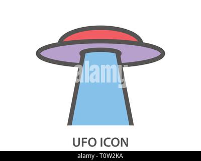 Icona di Ufo su uno sfondo bianco. Flying Saucer con un fascio. Astronave aliena. Illustrazione Vettoriale Illustrazione Vettoriale