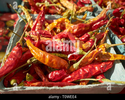 Peperoni secchi in vendita presso la Union Square Greenmarket a Manhattan, New York, Stati Uniti d'America Foto Stock