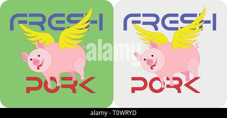 Cartoon piggy con ali carni suine fresche emblema Illustrazione Vettoriale