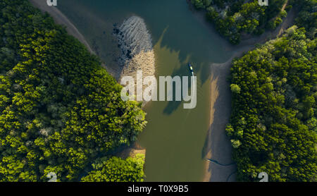 Vista da sopra, splendida vista aerea di una tradizionale barca dalla coda lunga che naviga su un fiume a serpentina che scorre attraverso una verde foresta tropicale. Krabi, Foto Stock