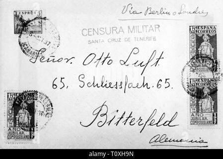 E-mail, lettere, Spagna, lettera a Otto Luft, Casella postale indirizzo, Bitterfeld, con timbro postale 1937, Additional-Rights-Clearance-Info-Not-Available Foto Stock