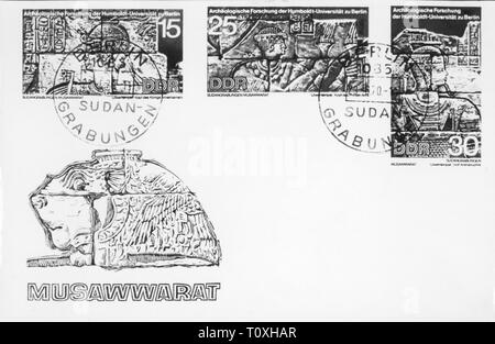 Mail, francobolli, Germania, East-Germany, francobolli a 15, 25 e 30 pfennig, serie ricerche archeologiche, Sudan scavi Musawwarat, primo giorno coperchio, 23.6.1970, gdr, Lettera, lettere, archeologia, archeologia, scavo, dig, scavi, Sudan, Egittologia, Humboldt University, 70s, xx secolo, settanta, mail post, francobolli, francobollo, pfennig, penny, primo giorno coperchio, primo giorno copre, storico, storico Additional-Rights-Clearance-Info-Not-Available Foto Stock
