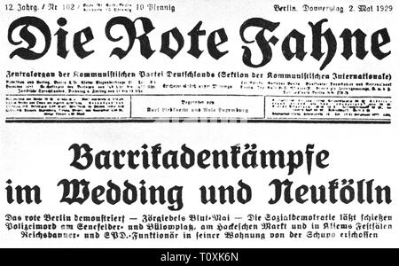 Premere il tasto / media, riviste, 'Die Rote Fahne' (la bandiera rossa), front page, volume XII, numero 102, Berlino, 2.5.1929, Additional-Rights-Clearance-Info-Not-Available Foto Stock