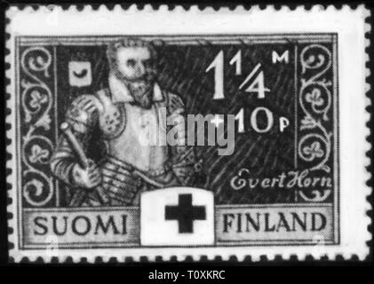 Mail, francobolli, Finlandia, 1 1/4 markka + 10 penniae numero speciale a favore della Croce Rossa, serie finlandese di eroi di guerra maresciallo di campo Evert Horn, data di rilascio: 20.1.1934 Evert Karlsson Horn af Kanckas, svedese generale, marco finlandese, Finnmark, pfennig, penny, pfennig, militare e mezza lunghezza, persone del xx secolo, 1930s, mail post, francobolli, francobollo, croce, croci, storico, storico pennia, penniä, Additional-Rights-Clearance-Info-Not-Available Foto Stock