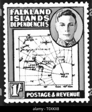 Mail, francobolli, Isole Falkland, 10 shilling affrancatura e bollino, ritratto del re George VI, parte dell'Antartico rivendicazione da parte della Gran Bretagna, data di rilascio: 1946, Additional-Rights-Clearance-Info-Not-Available Foto Stock