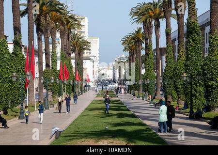 Vista del Avenue Mohammed V con alberi di palma e da persone non identificate in una giornata di sole. Rabat, Marocco. Foto Stock
