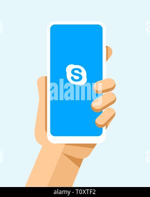 Mano trattiene lo smartphone con applicazione Skype sullo schermo. Vettore di piana telefono moderno mock-up illustrazione Illustrazione Vettoriale