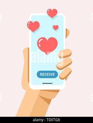 Mano trattiene lo smartphone con molti cuori sullo schermo. Vettore di piana telefono moderno mock-up illustrazione Illustrazione Vettoriale