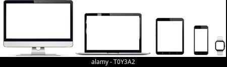 Set realistica del monitor, laptop, tablet e smartphone, smart watch Illustrazione Vettoriale