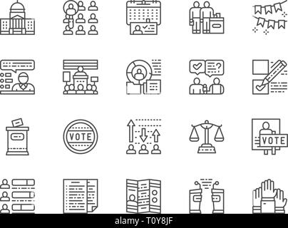 Serie di Votazioni e elezioni le icone della linea. Uomo politico, dibattiti, Voto e più. Illustrazione Vettoriale