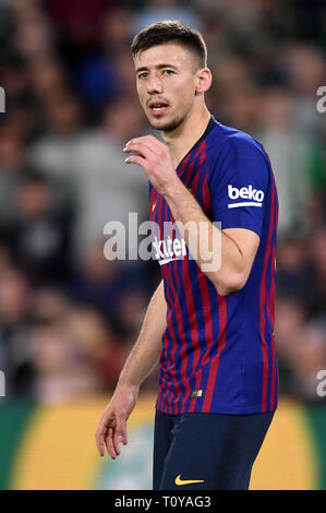 SEVILLA, 17-03-2019. Primera Division campionato spagnolo. LaLiga. Estadio Benito Villamarin. Clemente Lenglet (FC Barcelona) durante il gioco Real Betis - FC Barcellona. Foto Stock