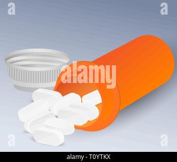 Medicina la bottiglia di plastica con le pillole o compresse. Illustrazione Vettoriale. Isolato su sfondo. Il pacchetto in materia di droga con coperchio mockup. Illustrazione Vettoriale