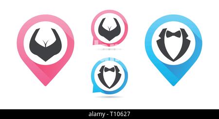 L uomo e la donna icona, vettore isolato design piatto simbolo. Mappa puntatori. Vector maschio e femmina icon set. Infografico elemento di design Illustrazione Vettoriale