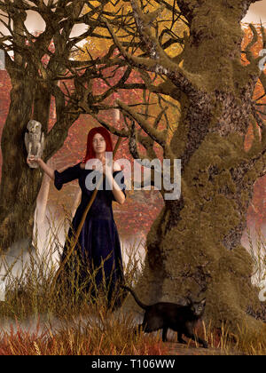 Un rosso giovane capo-strega in un abito nero emerge dal fogliame di autunno di una foresta con il suo gufo appollaiato su un lato, la sua magia personale nell'altro. Foto Stock