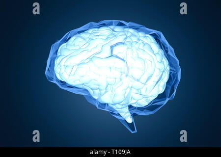 Rendering 3d blu lucido cervello poligonale su sfondo blu scuro Foto Stock