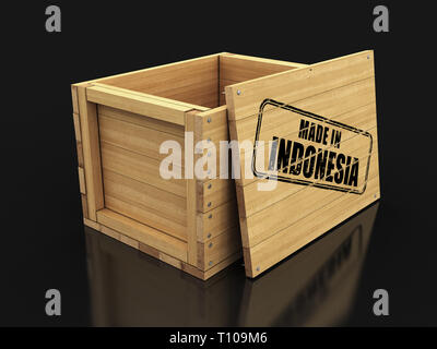 Casse di legno con timbro Made in Indonesia. Immagine con tracciato di ritaglio Foto Stock