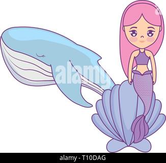 Carino mermaid seduto in conchiglia con vettore di balena illustration design Illustrazione Vettoriale