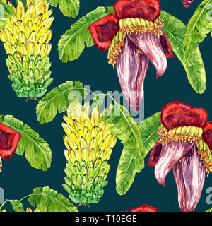 Banane gialle tier (grappolo) e fiore (banana cuore) con foglie, seamless pattern design, dipinte a mano illustrazione ad acquerello, verde scuro backgroun Foto Stock