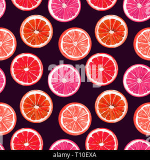 Di arancia e di pompelmo, seamless pattern design, dipinte a mano illustrazione ad acquerello, sfondo scuro Foto Stock