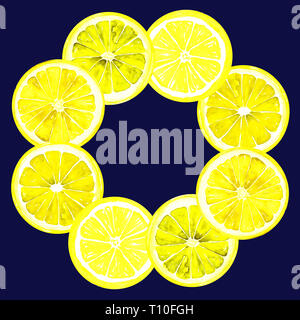 Limone, cornice rotonda per il biglietto di auguri o un banner design in proporzioni quadrate foglio, dipinte a mano illustrazione ad acquerello, sfondo blu scuro Foto Stock