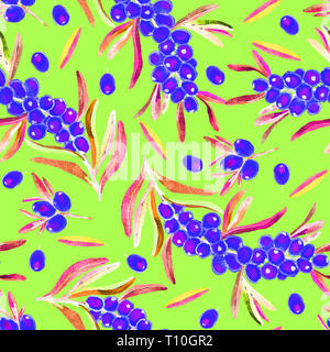 Nero (blu) Olive Branch con bacche mature, bacche e foglie, seamless pattern design, dipinte a mano illustrazione ad acquerello, soft sfondo verde Foto Stock